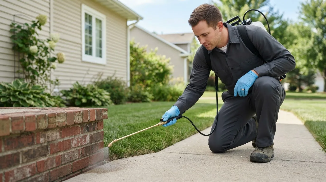 Pest control technician treating a home near Gallitzin, PA